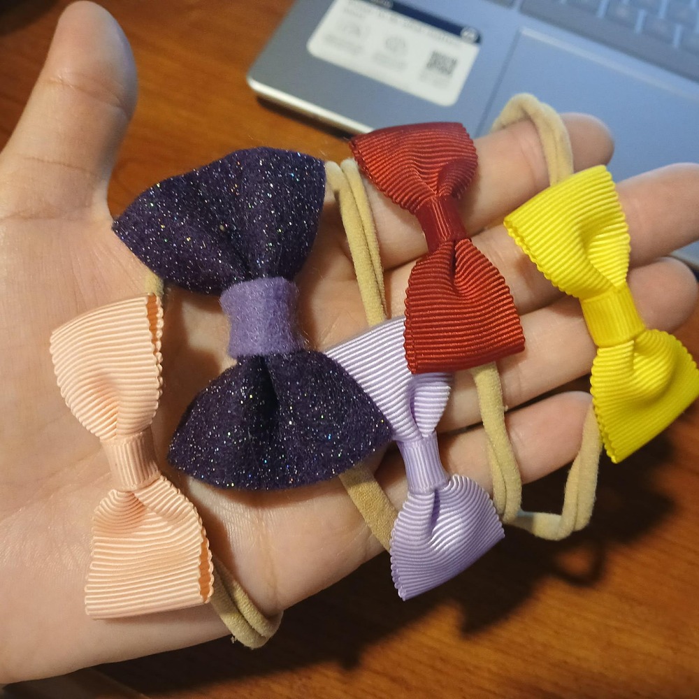 5 Pack Newborn Baby Headband Hair Bows Grosgrain Glitter Stretchy Nylon Bands